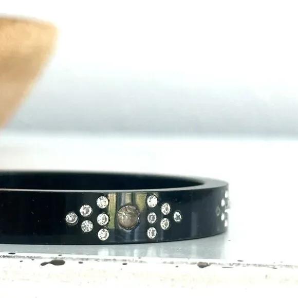 Vintage Black Plastic Bangle – Inset Rhinestones, Art Deco Style - Picture 2 of 6